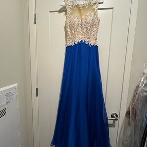 Chic Blue and Cream Lace Prom Dress